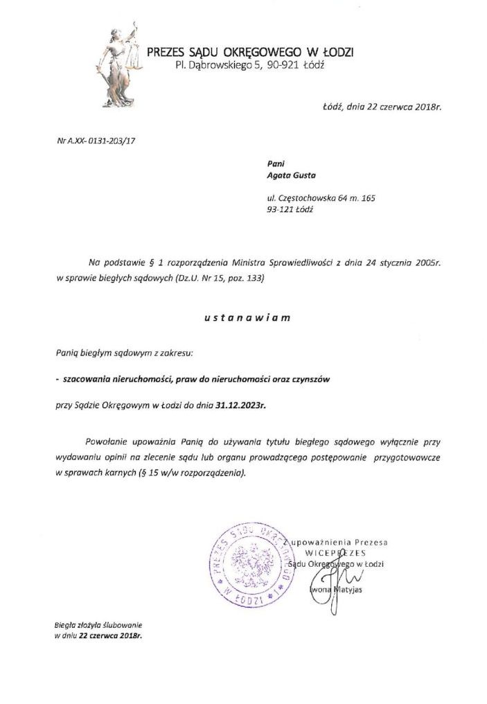 Ustanowienie biegłym sądowym przy Sądzie Okręgowym w Łodzi