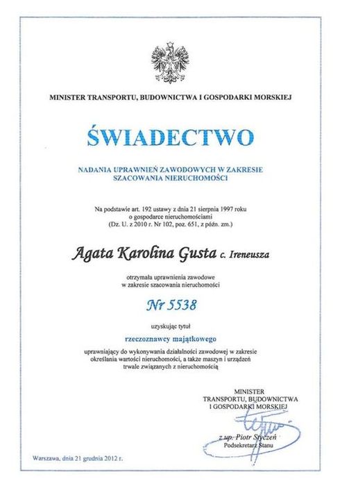 Świadectwo nadania uprawnień zawodowych w zakresie szacowania nieruchomości