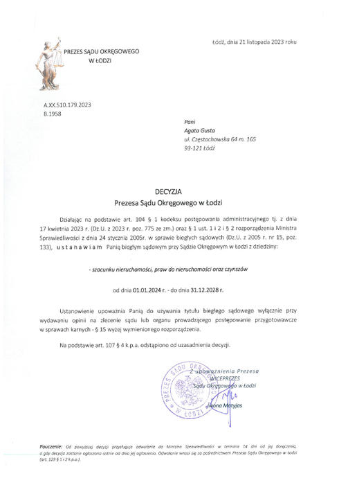 Ustanowienie biegłą sądową z dziedziny: szacunku