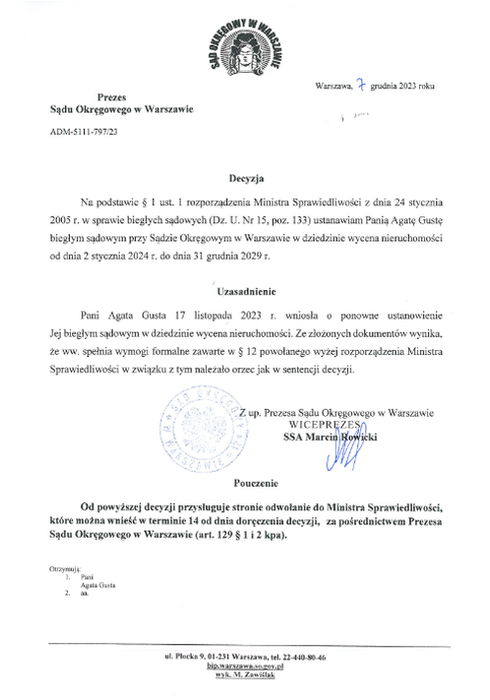 Ustanowienie biegłym sądowym przy Sądzie Okręgowym w Warszawie z zakresu wyceny nieruchomości