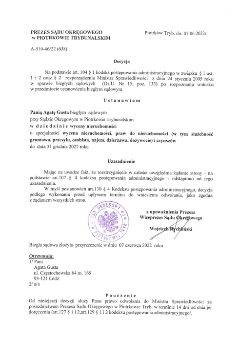 Ustanowienie biegłym sądowym przy Sądzie Okręgowym w Piotrkowie Trybunalskim