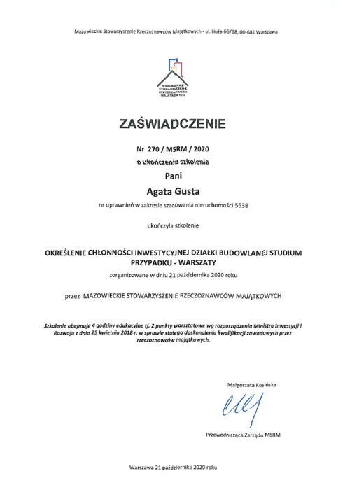 Zaświadczenie o ukończeniu szkolenia: określanie chłonności inwestycyjnej działki budowlanej - studium przypadku