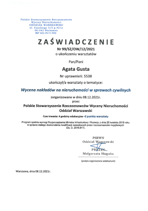 Zaświadczenie o ukończeniu warsztatów o tematyce wycena nakładów na nieruchomości w sprawach cywilnych